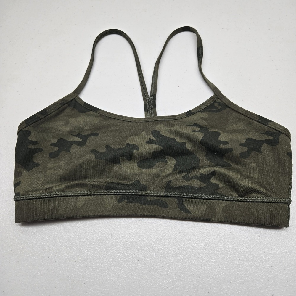 Lululemon Women Sports Bra 8 Green Flow Y Camouflage Wireless Pullover READ